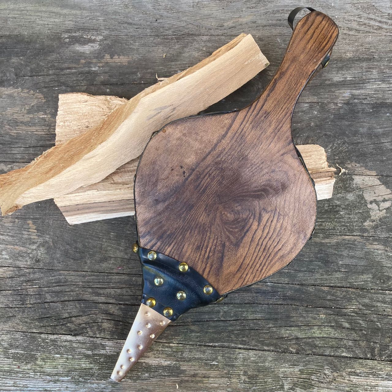 Wooden Vintage Bellows Blower With Leather, Copper Tip, Brass Hobnails, 1970s