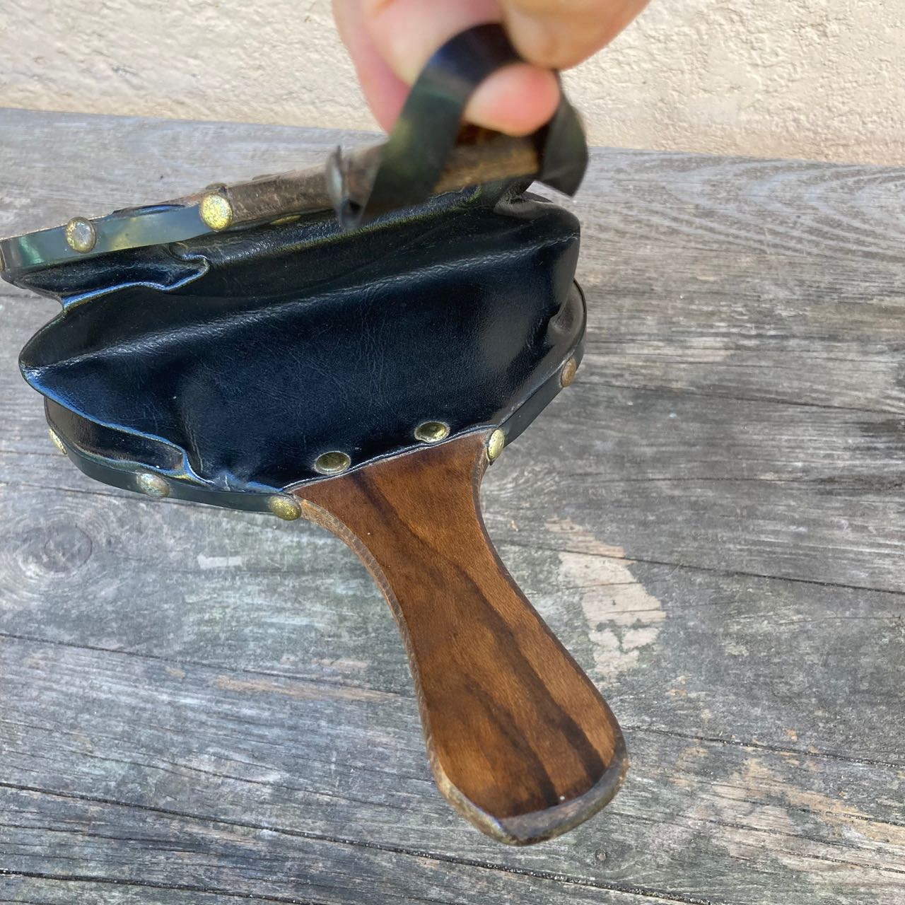 Wooden Vintage Bellows Blower With Leather, Copper Tip, Brass Hobnails, 1970s