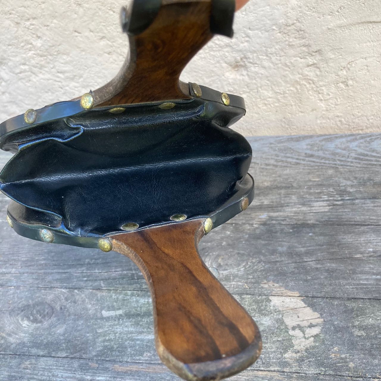 Wooden Vintage Bellows Blower With Leather, Copper Tip, Brass Hobnails, 1970s