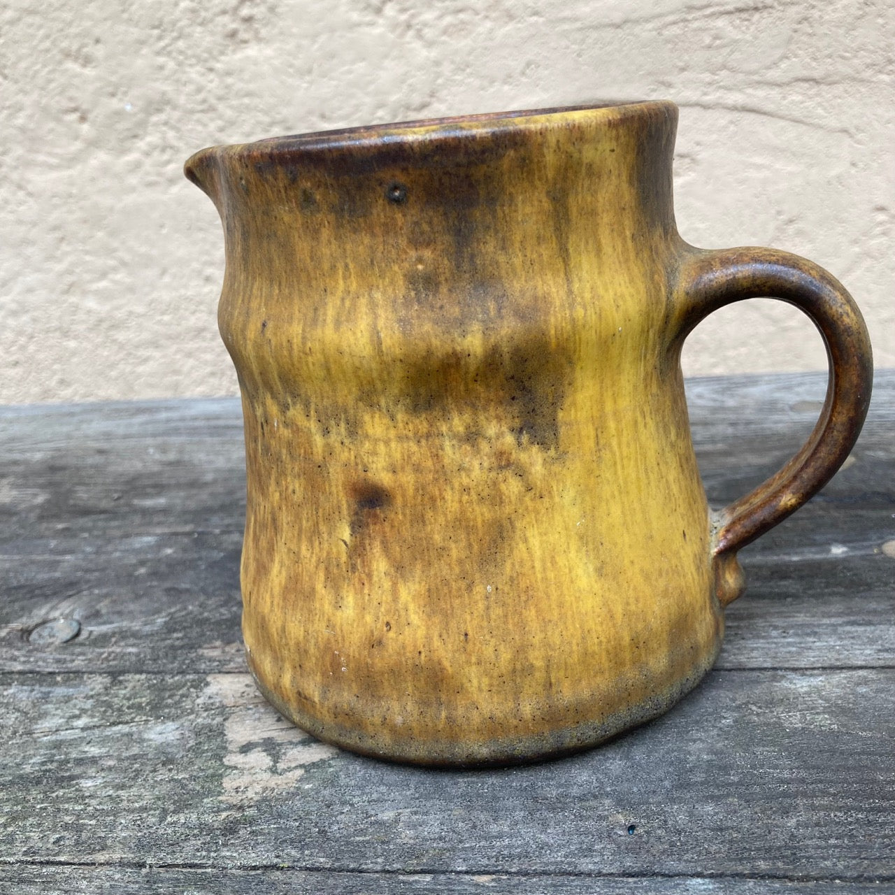 Vintage Studio Pottery Pitcher Vase, Artist Signed, Drip Colouring In Trendy Mustard Tones