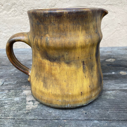 Vintage Studio Pottery Pitcher Vase, Artist Signed, Drip Colouring In Trendy Mustard Tones