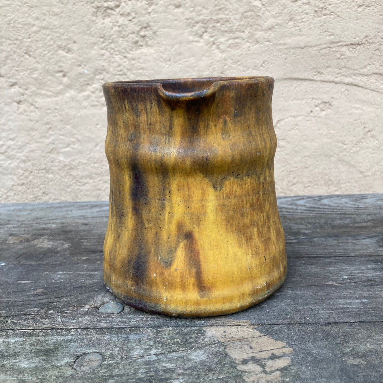 Vintage Studio Pottery Pitcher Vase, Artist Signed, Drip Colouring In Trendy Mustard Tones