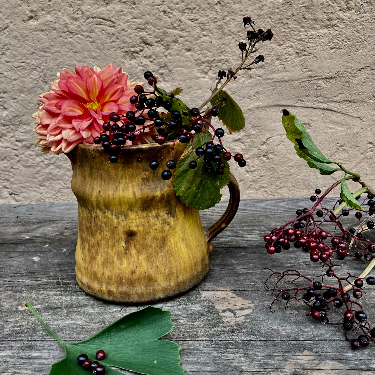 Vintage Studio Pottery Pitcher Vase, Artist Signed, Drip Colouring In Trendy Mustard Tones