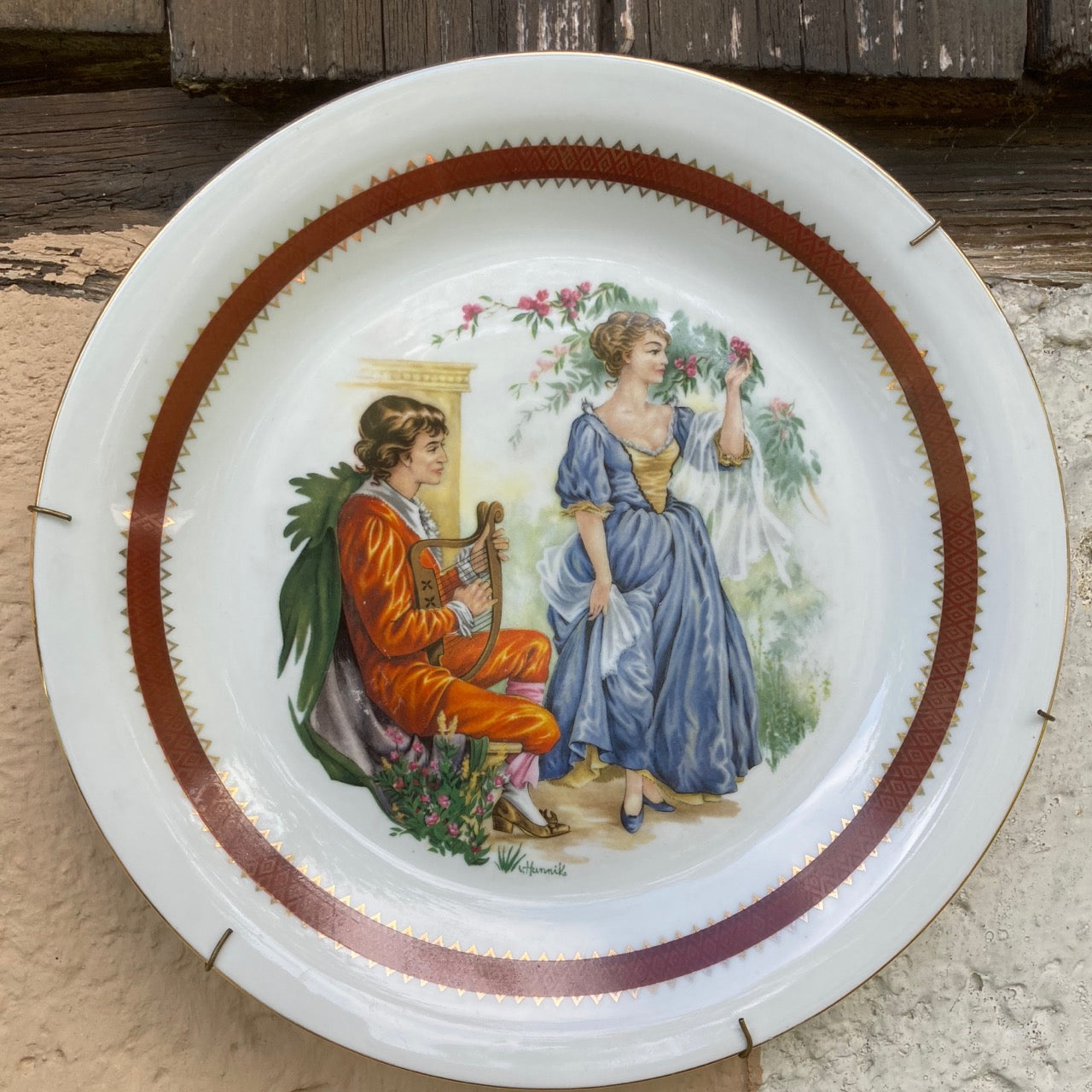 Nostalgic Vintage German Porcelain Collector’s Plate, Artist Signed V. Hunnik, East Germany Rococo Style