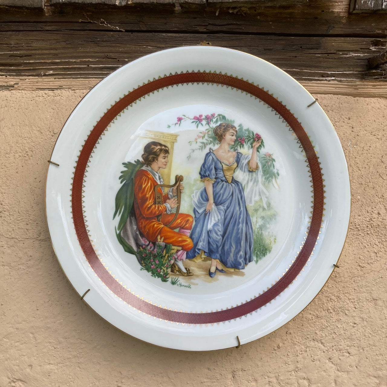 Nostalgic Vintage German Porcelain Collector’s Plate, Artist Signed V. Hunnik, East Germany Rococo Style