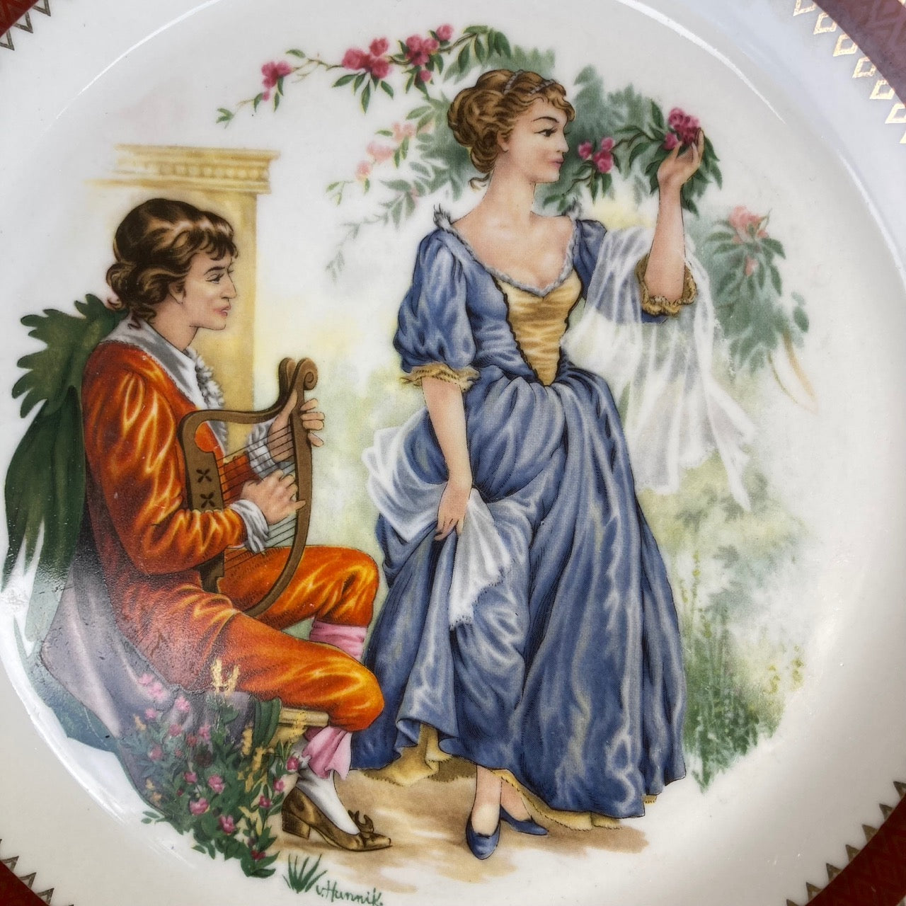 Nostalgic Vintage German Porcelain Collector’s Plate, Artist Signed V. Hunnik, East Germany Rococo Style