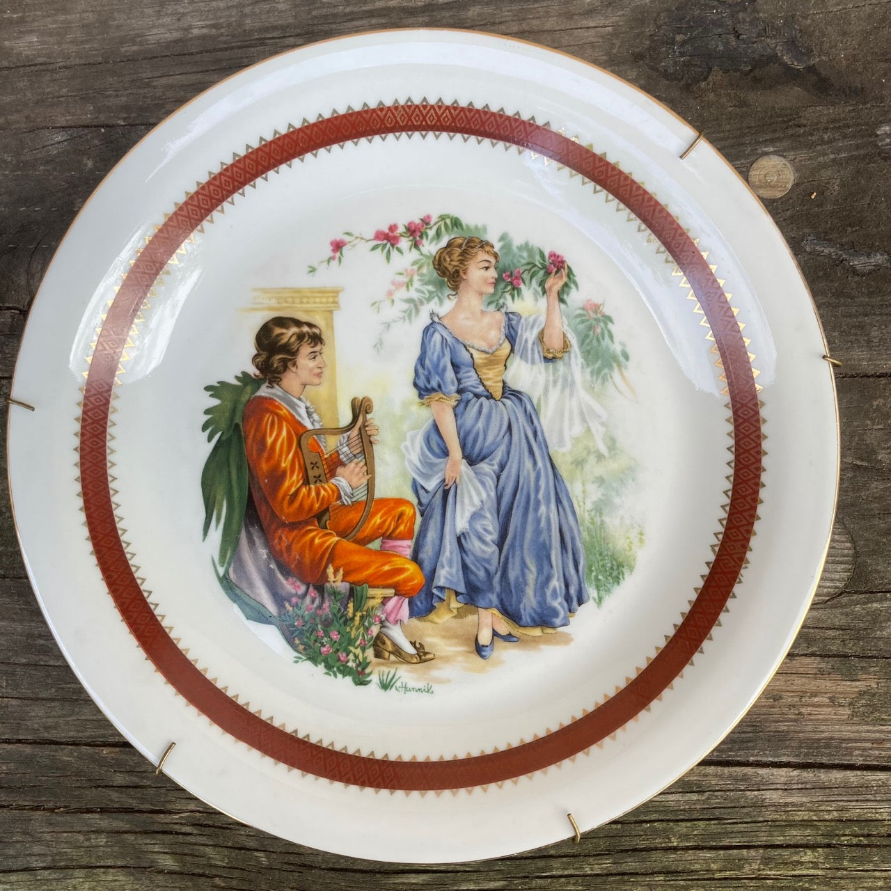 Nostalgic Vintage German Porcelain Collector’s Plate, Artist Signed V. Hunnik, East Germany Rococo Style