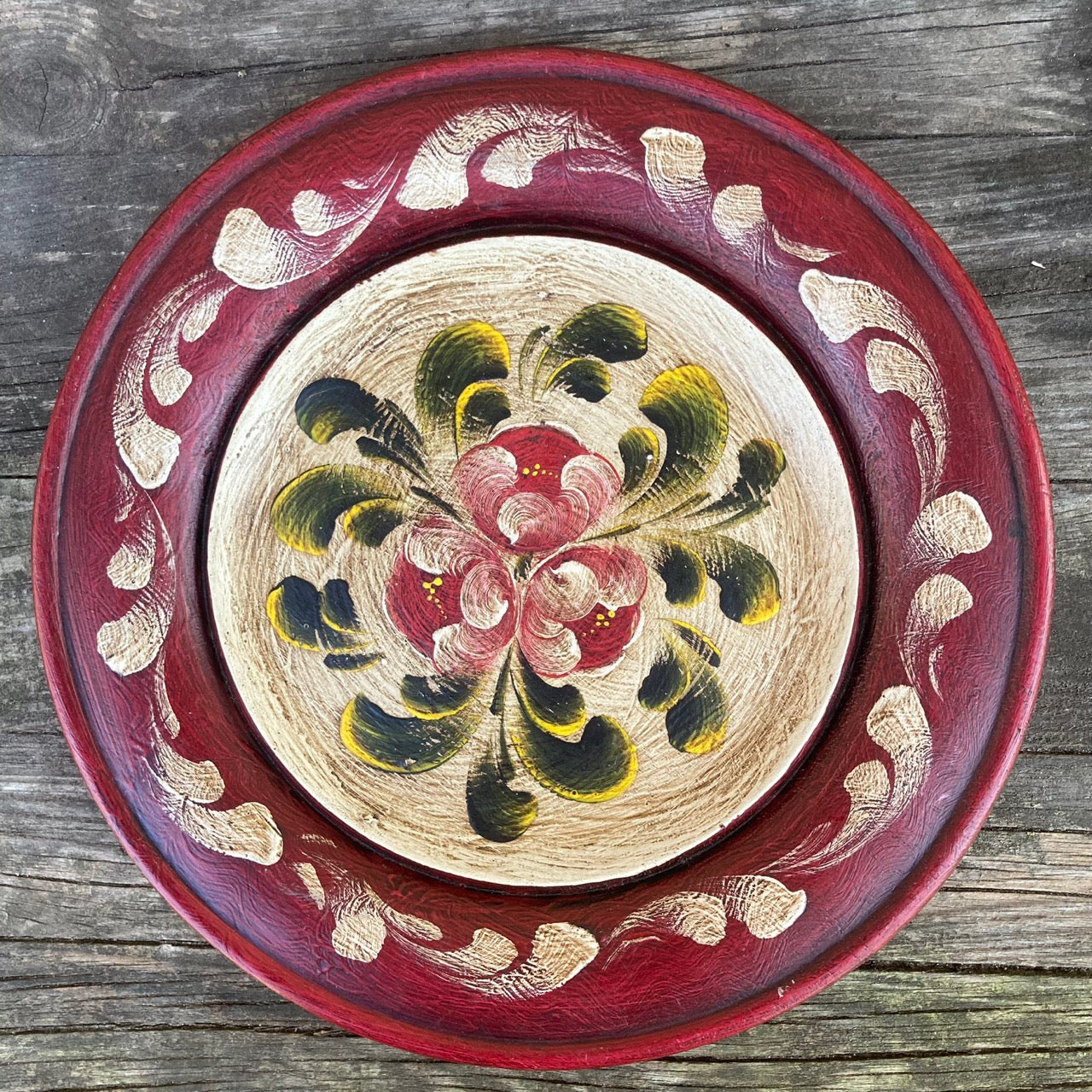 Vintage Hand Painted Swiss Folkart Wooden Plate & Wall Decor, Artist Signed