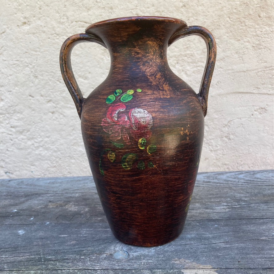 Hand Crafted Vintage Amphora Pottery Vase In Moody Autumnal Style With Floral Pattern