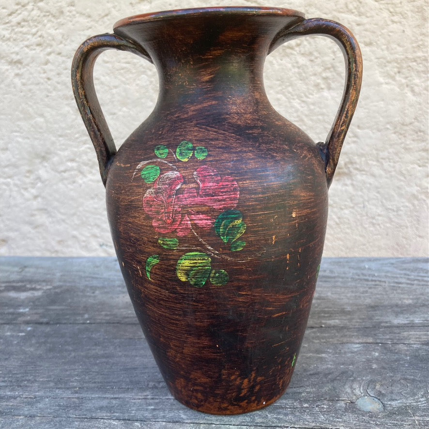 Hand Crafted Vintage Amphora Pottery Vase In Moody Autumnal Style With Floral Pattern