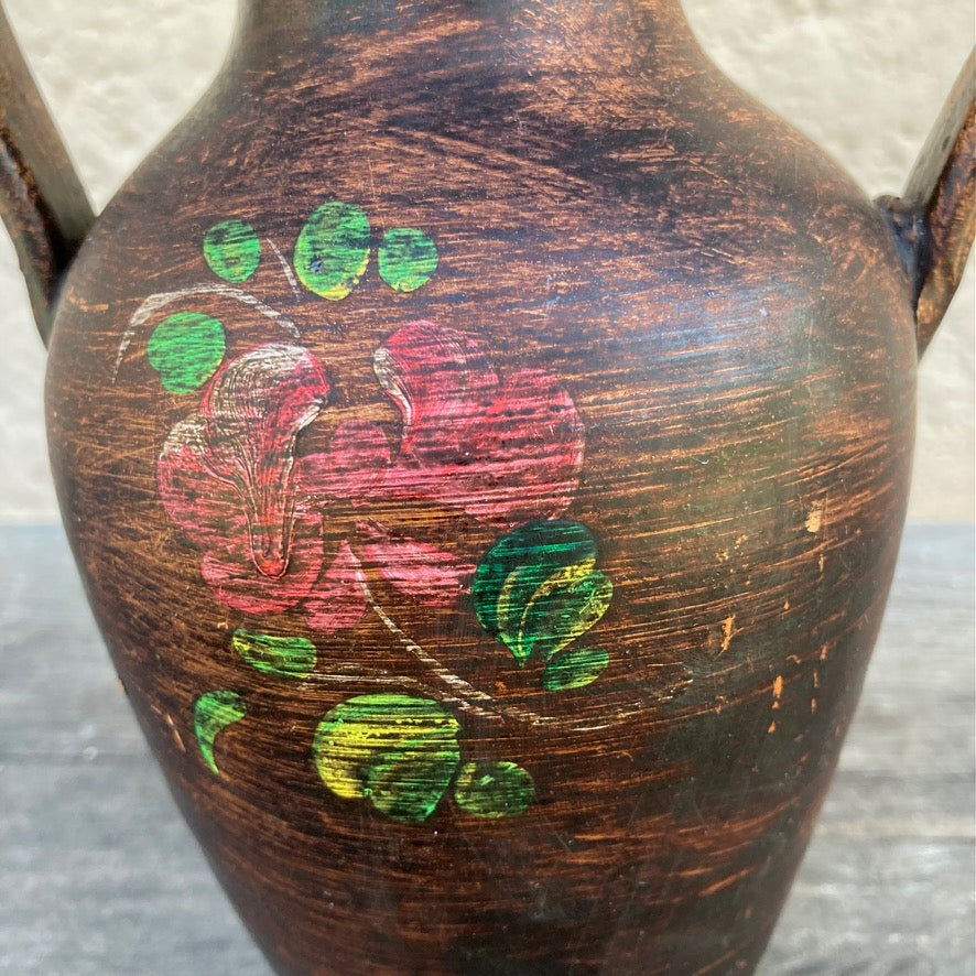 Hand Crafted Vintage Amphora Pottery Vase In Moody Autumnal Style With Floral Pattern