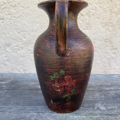 Hand Crafted Vintage Amphora Pottery Vase In Moody Autumnal Style With Floral Pattern