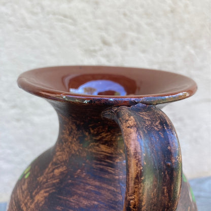 Hand Crafted Vintage Amphora Pottery Vase In Moody Autumnal Style With Floral Pattern