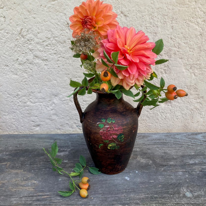 Hand Crafted Vintage Amphora Pottery Vase In Moody Autumnal Style With Floral Pattern