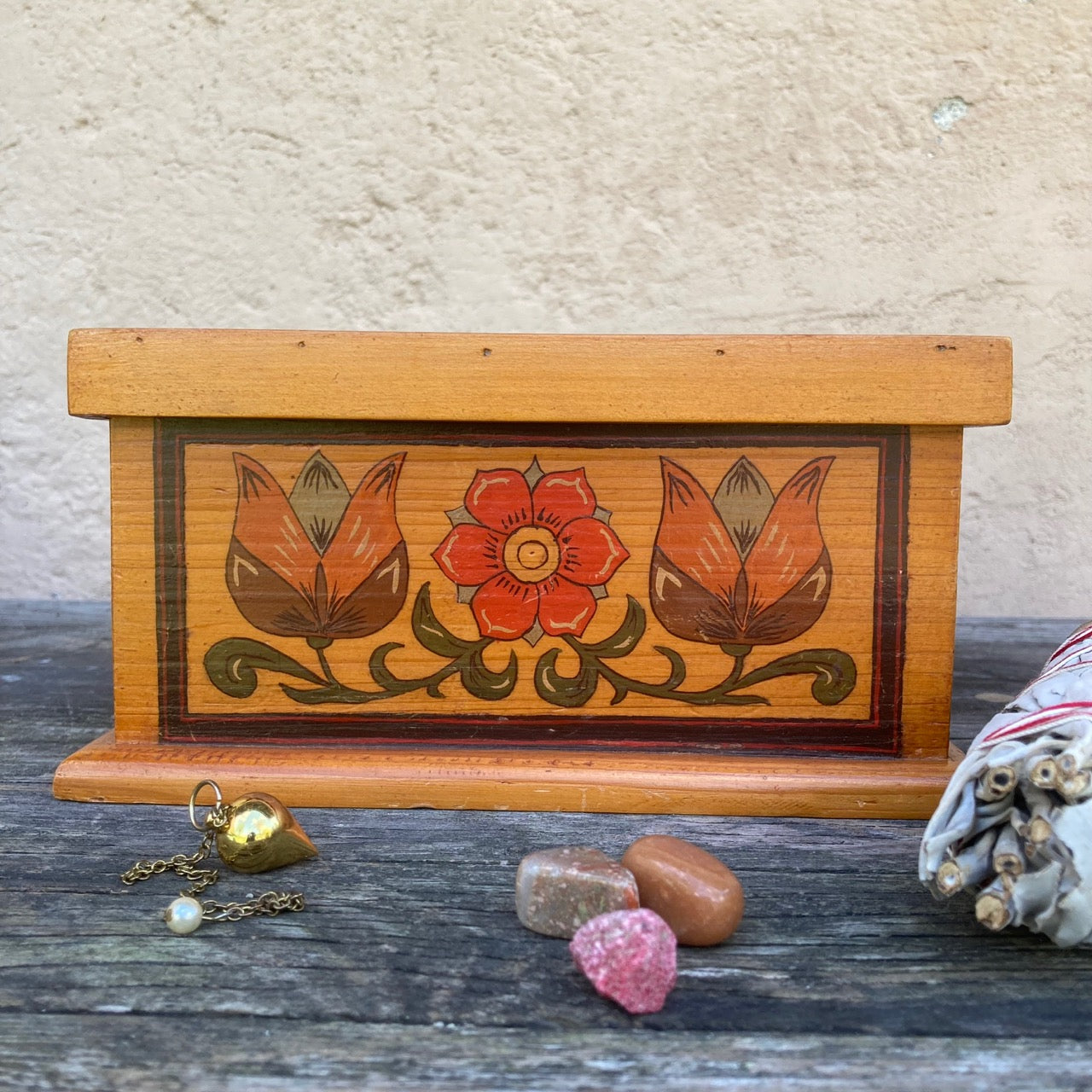 1940s Swiss Vintage Folk Art Keepsakes Woodbox, Artist Signed & Hand Painted