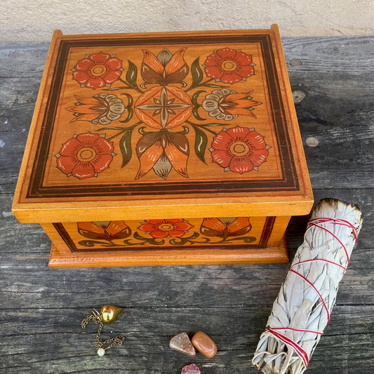 1940s Swiss Vintage Folk Art Keepsakes Woodbox, Artist Signed & Hand Painted