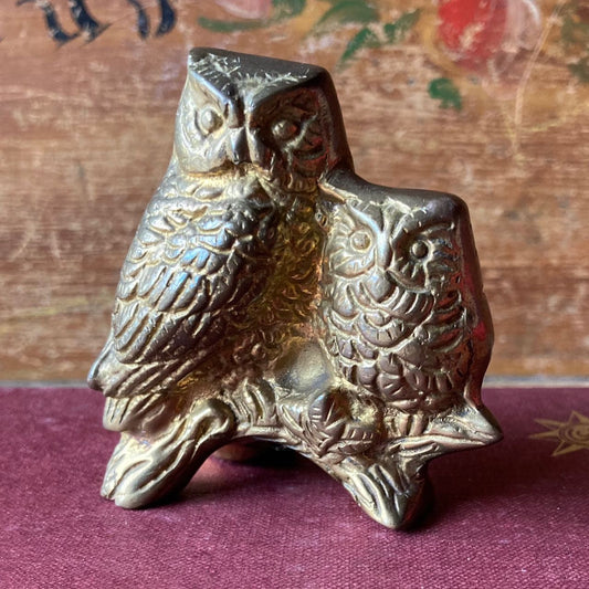 Vintage Solid Brass Owls On A Branch Figurine From India