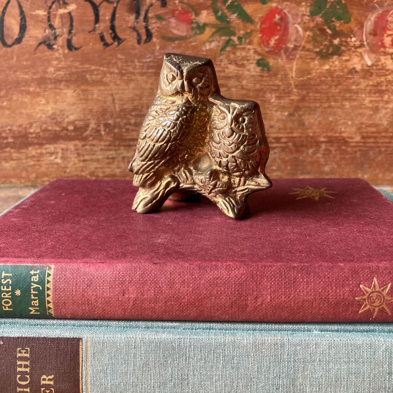 Vintage Solid Brass Owls On A Branch Figurine From India