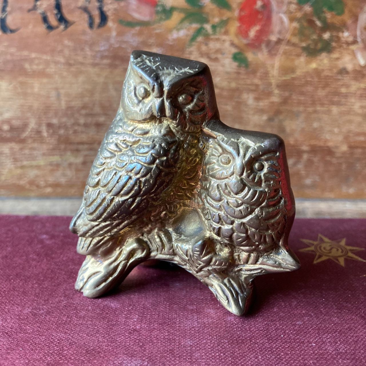 Vintage Solid Brass Owls On A Branch Figurine From India