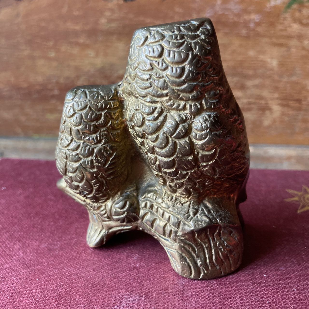 Vintage Solid Brass Owls On A Branch Figurine From India