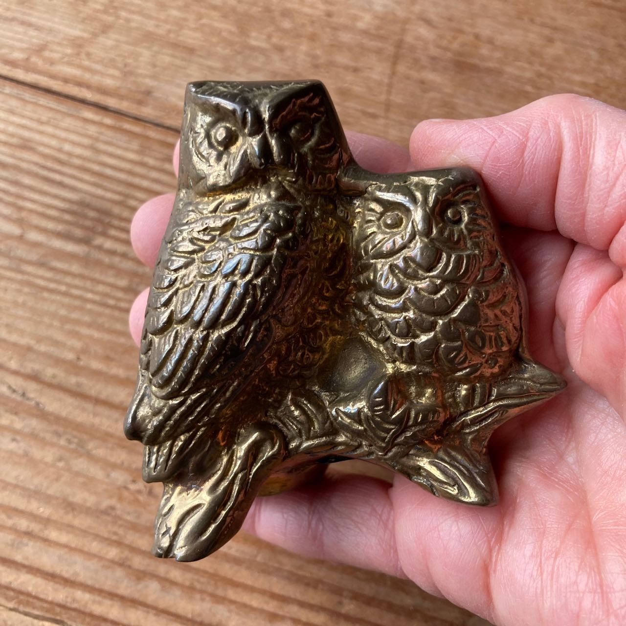 Vintage Solid Brass Owls On A Branch Figurine From India