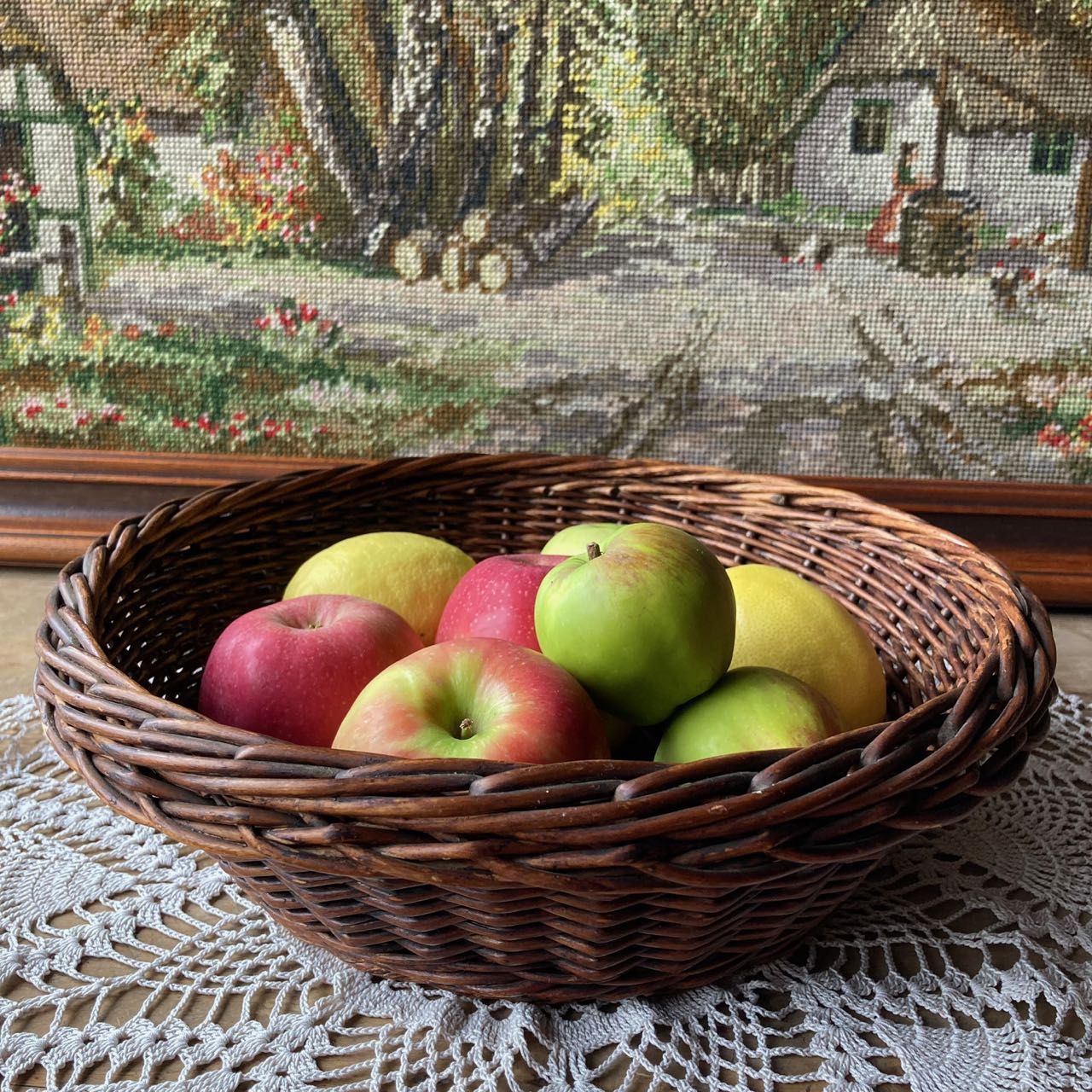 Vintage Swiss Dark Wicker Fruit & Storage Basket